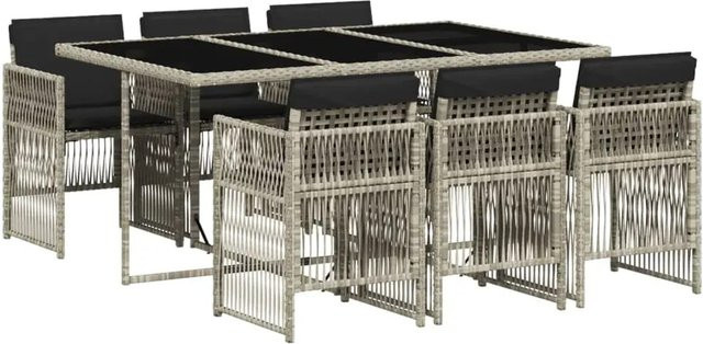 vidaXL 7-teilige Garten-Essgruppe aus PE-Rattan mit Kissen in Hellgrau und Hartglas-Tischplatte - Bild 1