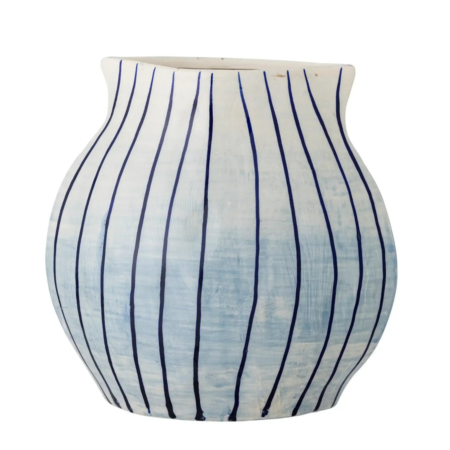 Bloomingville Vase Esra aus Keramik in Blau mit Streifenmuster im skandinavischen Design, Höhe: 22,0 cm, Breite: 21,5 cm, Tiefe: 13,0 cm - Bild 1