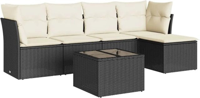 vidaXL 6-teilige Garten-Sofagarnitur in L-Form aus schwarzem Poly-Rattan mit Kissen und pulverbeschichtetem Stahlgestell - Bild 1