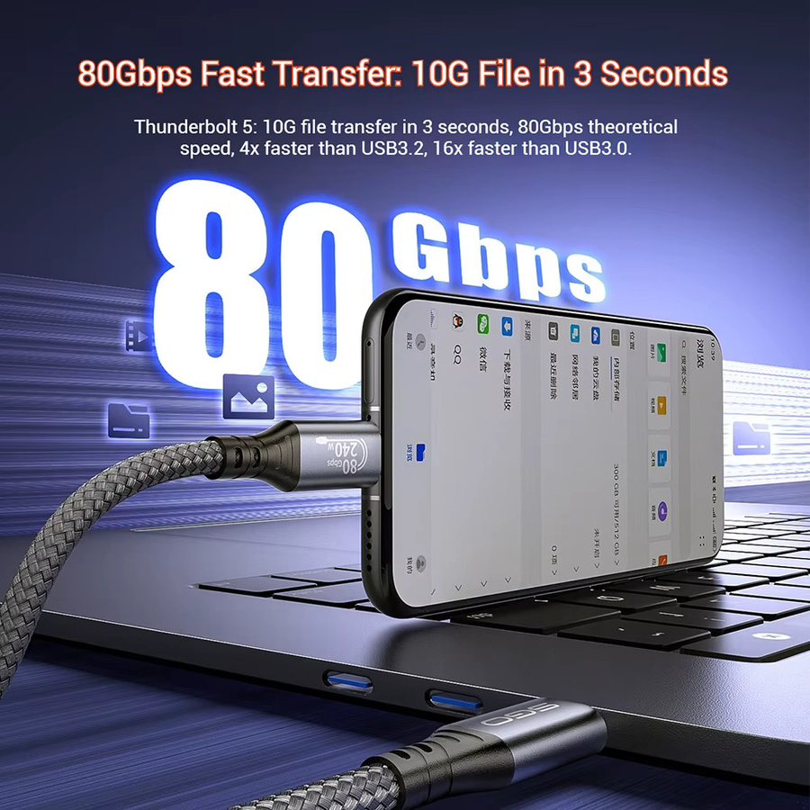 Fanakm USB 4 Gen 3 Kabel mit 80 Gbit/s und 240 W für Thunderbolt 5, USB-C auf USB-C, 8K@60Hz DisplayPort, grau, rechtwinklig 90 Grad - Bild 1