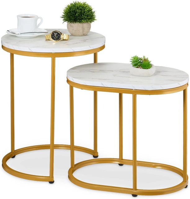 Relaxdays Satztisch 2er Set in Marmoroptik mit weißer und goldener Oberfläche, B/T/H: 51 x 40 x 41 cm und 45 x 30 x 41 cm - Bild 1