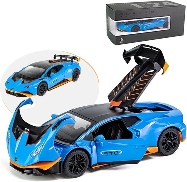 Fourall- Model Cars Lambo Huracan STO, Modellauto, Maßstab 1:24, mit Licht und Sound, Orange/Blau - Bild 1