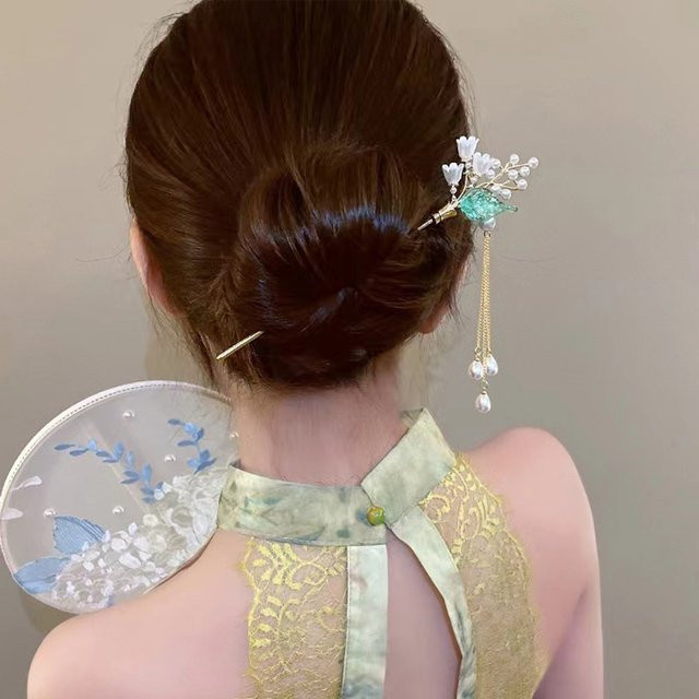 Haarnadel Blume Rebe, Jade Stein, Vintage - Bild 1
