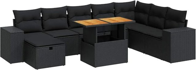 vidaXL 9-teilige Garten-Sofagarnitur aus Poly-Rattan und Akazienholz in Schwarz mit Kissen - Bild 1