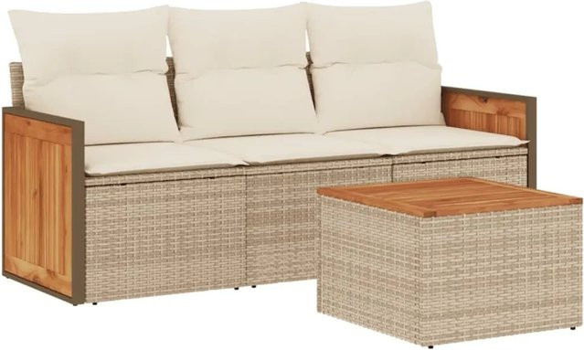 vidaXL 4-teilige Garten-Sofagarnitur aus Poly-Rattan und Akazienholz in Beige und Cremeweiß mit Kissen - Bild 1