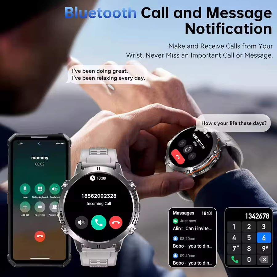 GUHUAVMI Militär-Smartwatch für Herren in Silber mit 1000mAh Akku, 10ATM Wasserdichtigkeit, Bluetooth-Anruf, Kompass, Höhenmesser und Barometer - Bild 5
