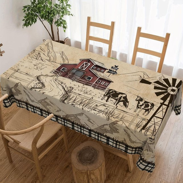 Rustikale Tischdecke von JMG Household Supplies im Vintage-Design mit Windmühlen- und Kuh-Motiv, beige kariert, B/T: 140 x 180 cm - Bild 1