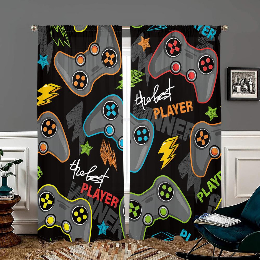 2er-Set Vorhang mit Spielcontroller- und Buchstabenmuster, halbtransparent, Mehrfarbig, B: 150 cm, H: 166 cm - Bild 3