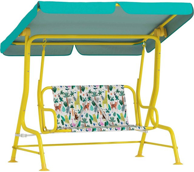 AIYAPLAY Kinder Hollywoodschaukel 2-Sitzer mit verstellbarem Sonnendach und Sicherheitsgurten, Schaukelbank für Garten und Terrasse in Grün mit Dschungel-Tier-Design - Bild 1