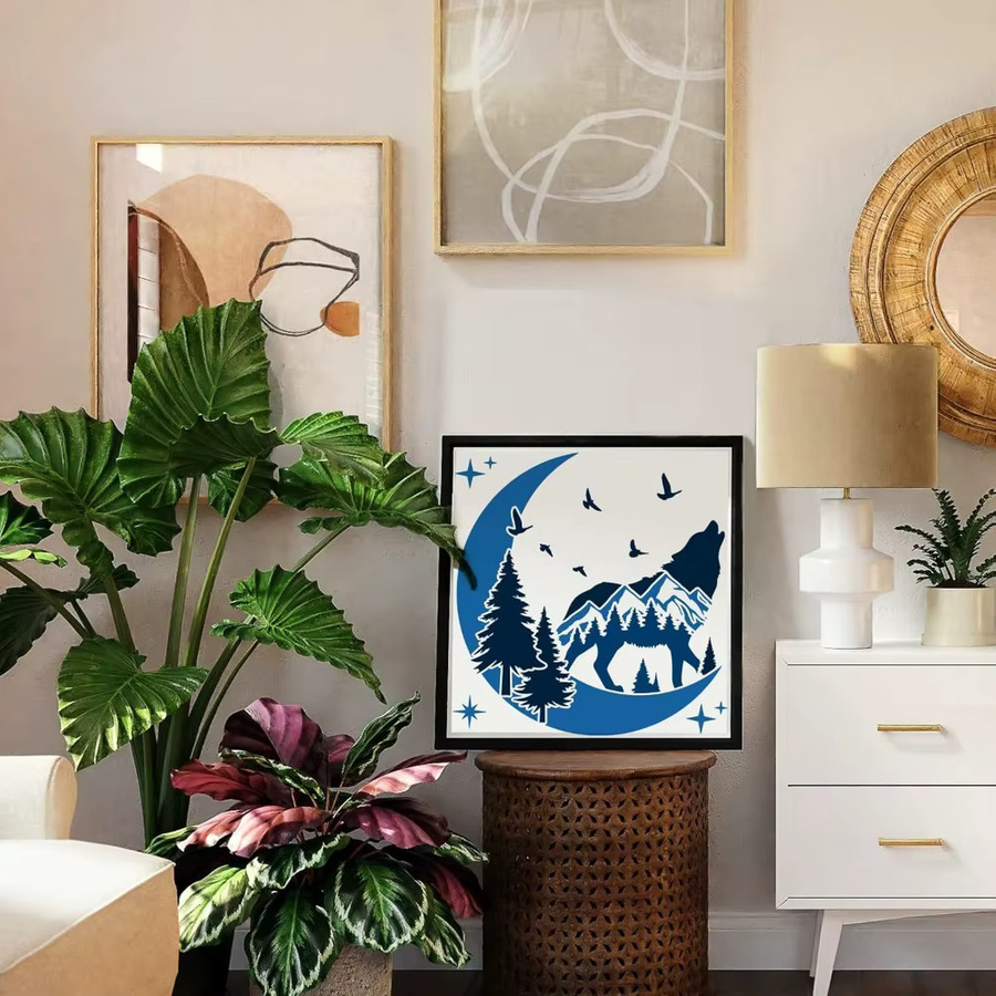Wiederverwendbare Wolf Howl Zeichnungsschablone aus Kunststoff mit Mond, Berg und Wald-Motiv, Breite: 30 cm, Höhe: 30 cm - Bild 4
