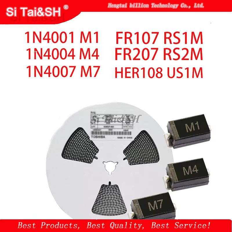 100 Stück Si Tai&SH Gleichrichter Dioden Set (1N4001, 1N4004, 1N4007, FR107, RS1M, HER108, US1M, SF18, ES1J, SF14, ES1D) in Schwarz, DO-214AC - Bild 2
