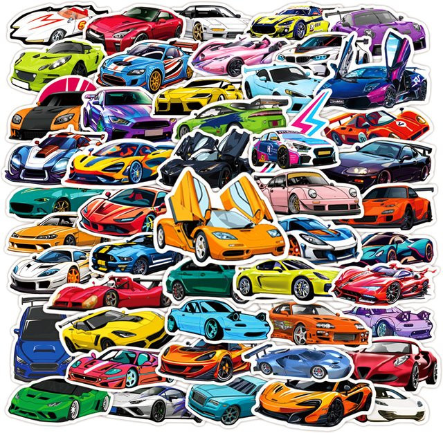 50 Stück Cartoon Supercar Retrofit Rennwagen Aufkleber Set in Multicolour zur Dekoration von Skateboard, Laptop und Notizbuch für Kinder - Bild 1