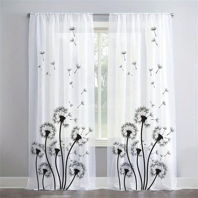 Yiran Furniture Voile-Jalousien aus Tüll mit goldenen Federn und Blättern, 2er-Set, Transparent/Weiß, B: 110 cm, H: 214 cm - Bild 1