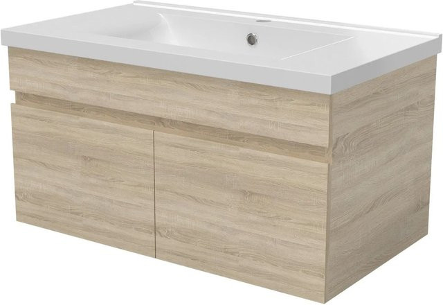 AICA Badmöbel BERGEN 2-teiliges Waschbecken-Set mit Keramik-Waschtisch und Unterschrank in Matt Eiche, grifflos mit Softclose-Türen - Bild 1