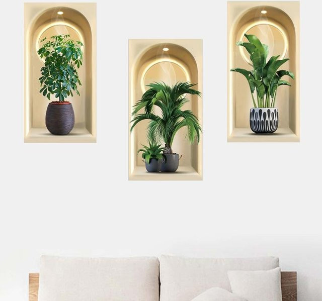 Sugarr 3D Aquarell Pflanzen Wandsticker mit Topfpflanzen und Rankenblättern in Grün, selbstklebend für moderne Wanddekoration in Wohnzimmer oder Schlafzimmer - Bild 1
