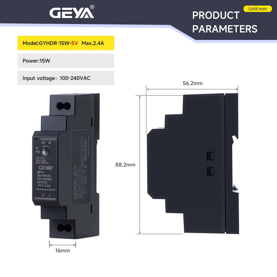 GEYA HDR-15 Ultradünnes Schaltnetzteil für Schienenmontage, 15W, 5V/12V/24V, Schwarz - Bild 2
