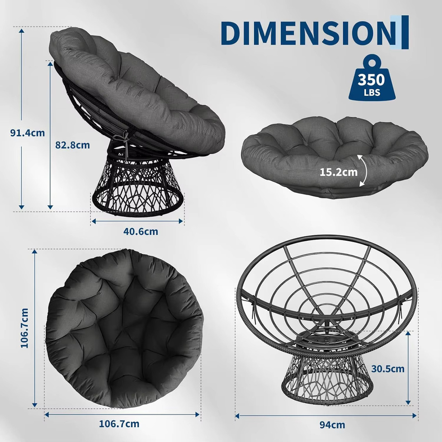 HiMISS Ergonomischer Papasan-Stuhl aus Korbgeflecht mit weichem Stoffkissen und 360 Grad drehbarer Basis, Grau - Bild 5