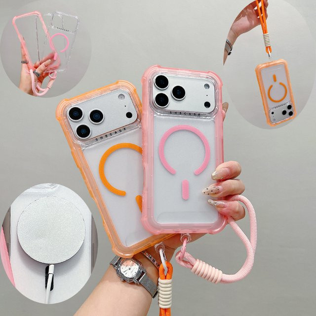 MagSafe Magnetische 3in1 Handyhülle mit Lanyard aus TPU und PC für iPhone 17 Pro Max, 16 Pro Max, 15, 14, 13 in Pink - Bild 1