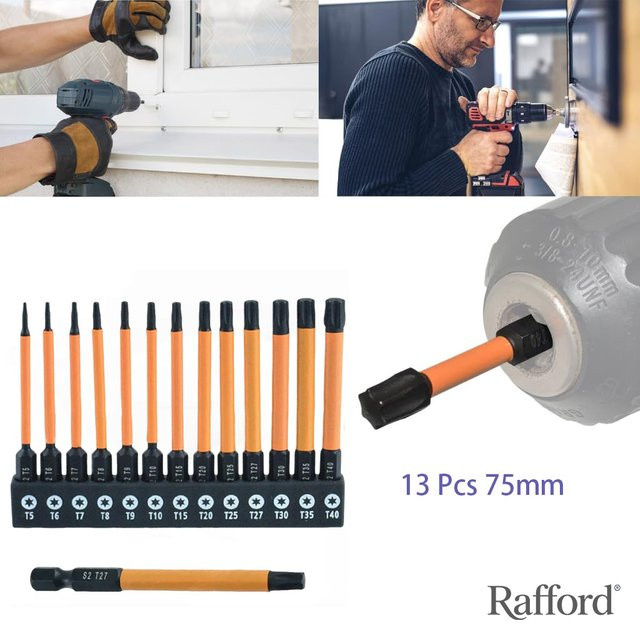 Rafford 13-teiliges Torx-Bit-Set aus S2-Stahl mit 75 mm Länge, magnetisch, 1/4 Zoll Sechskantschaft, kompatibel mit Schlagschraubern, T5-T40 - Bild 1