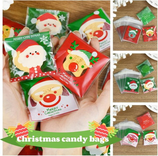 CHIXINHAPPY 50 Stück Weihnachts Süßigkeiten Taschen Transparent mit Santa Claus, Schneemann und Elch Motiven in Rot und Grün - Bild 1