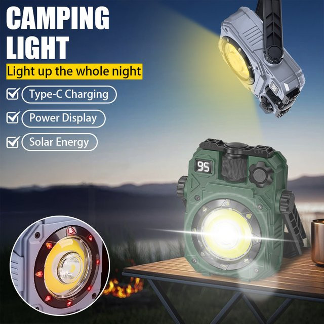 Leistungsstarke LED-Taschenlampe mit COB-Flutlicht, USB wiederaufladbar und Solarfunktion, stufenlos dimmbar mit Magnetfunktion als Arbeitslicht für den Außenbereich - Bild 1