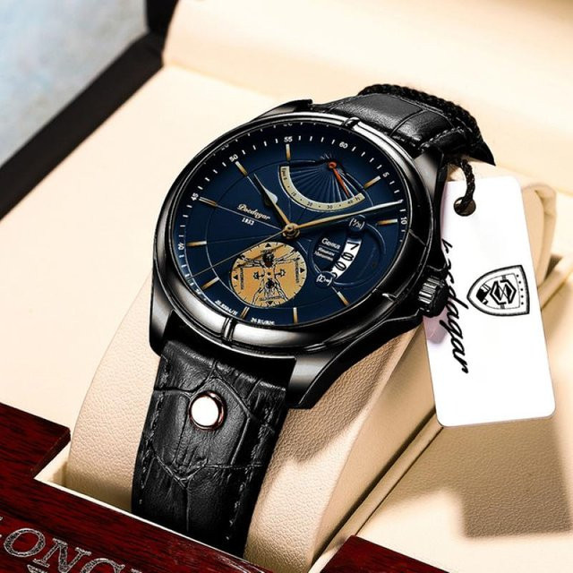 POEDAGAR Armbanduhr Quarz, Leder, Blau, 42 mm, Herren - Bild 1