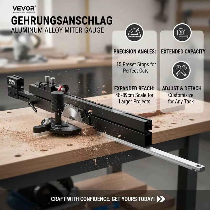 Gehrungsmesslehre aus Aluminiumlegierung für die Holzbearbeitung in Silber und Schwarz mit 15 Winkelanschlüssen und verstellbarem Kolben - Bild 3