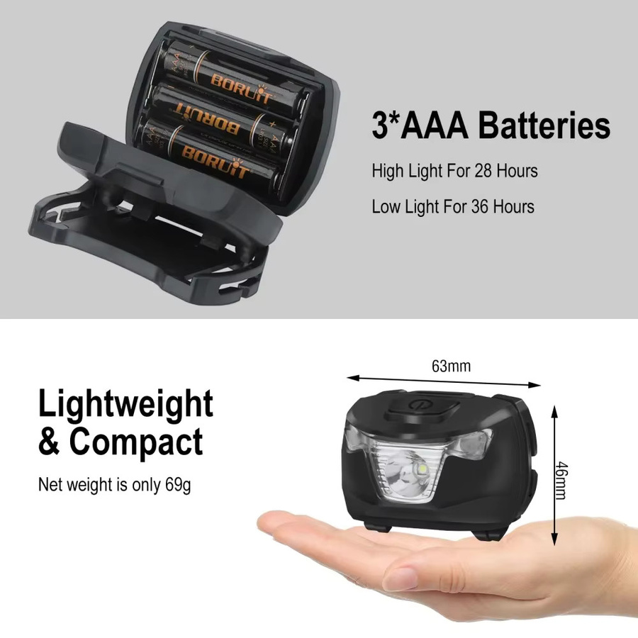 BORUiT BR01 LED-Mini-Stirnlampe in Weiß und Rot mit 240 lm, wasserdichte 4-Modus-Taschenlampe für Camping und Angeln, betrieben mit AAA-Batterie - Bild 4