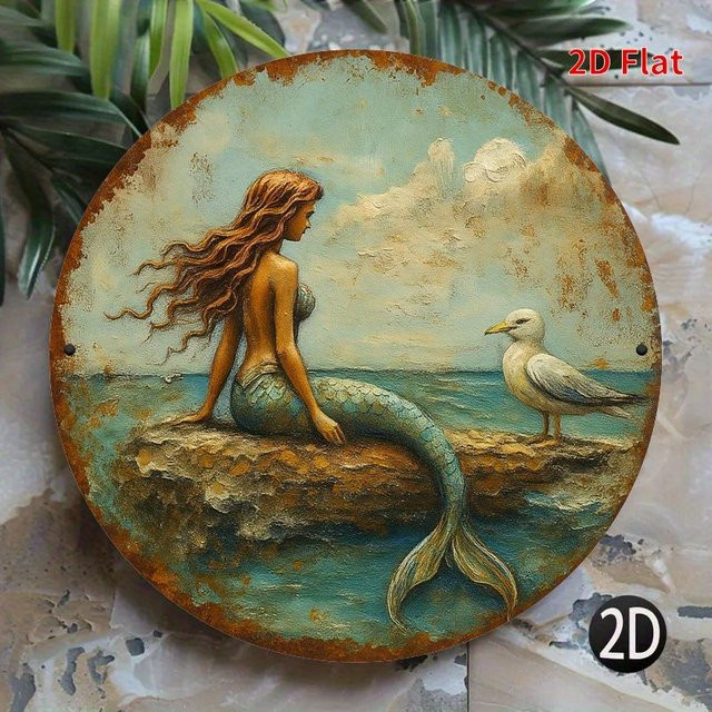 Runde Metall-Wandkunst von Potdemiel mit Meerjungfrau und Möwe in Multicolour für maritime Dekoration - Bild 1