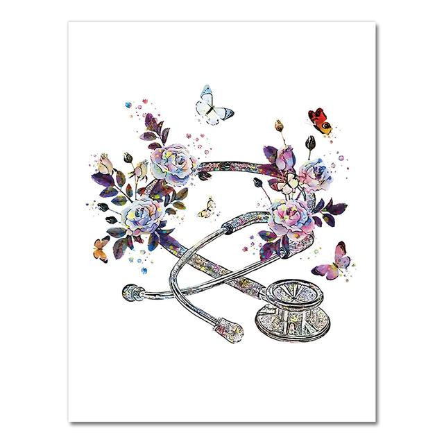 aidegou12 Wandkunst Leinwand Poster mit Aquarellmuster Caduceus Stethoskop und Mikroskop für Klinik und Büro, B: 40 cm, H: 60 cm, Multicolor - Bild 1