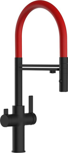 VIZIO Küchenarmatur mit 4-Wege-Wasserhahn, 360 Grad schwenkbarer Auslauf und abnehmbarer 2-Strahl Handbrause, Schwarz Matt und Rot - Bild 1