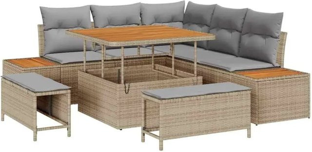 vidaXL Garten-Sofa-Set 8-teilig aus Poly Rattan und Akazienholz in Beige mit Kissen - Bild 1
