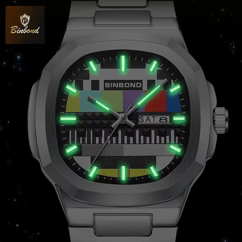 BINBOND Armbanduhr Edelstahl, Quarz, Schwarz, Eckig, Herren - Bild 2