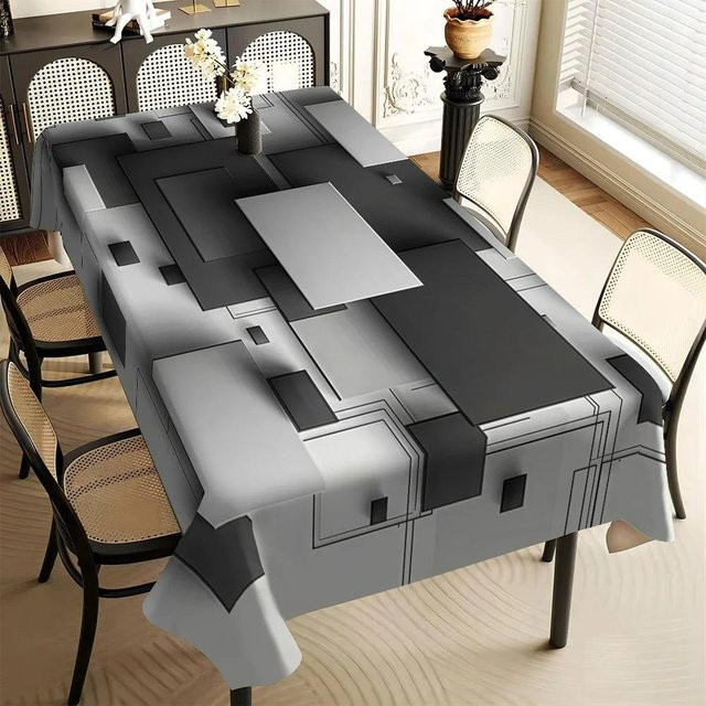 Moderne geometrische Tischdecke aus Polyester in Schwarz-Weiß-Grau, rechteckig, B/T: 140 x 100 cm - Bild 1
