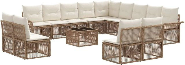 vidaXL Gartensofa-Set 14-teilig in U-Form aus Poly-Rattan und pulverbeschichtetem Stahl in Beige mit Polsterung - Bild 1