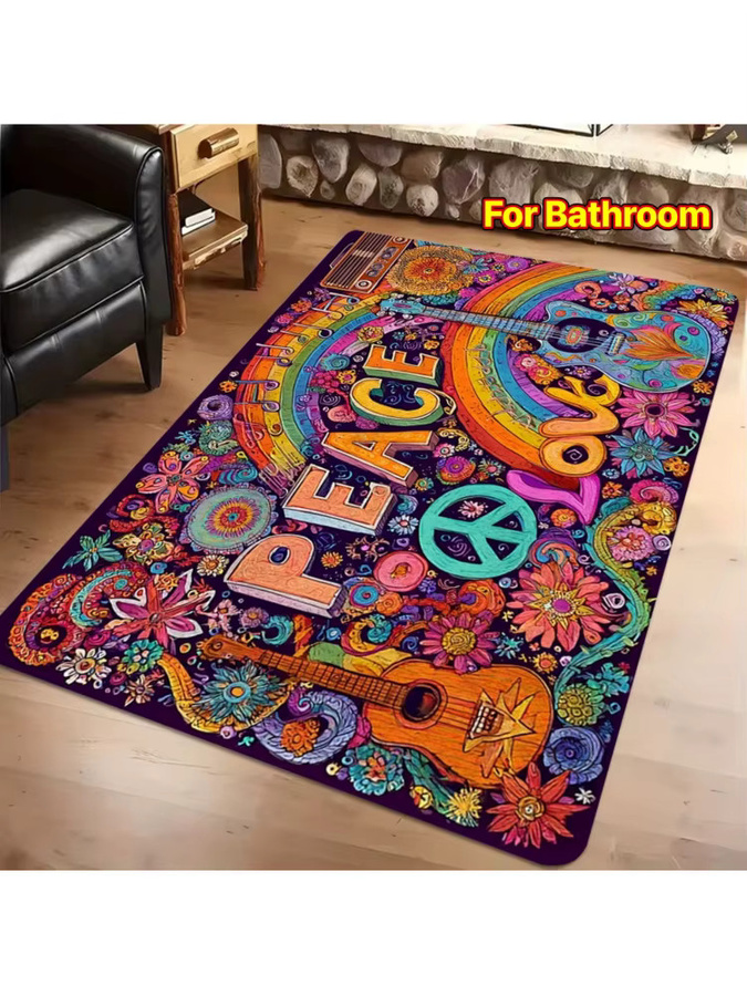 VIKAMA Hippie Peace & Love Teppich, bunter Boho-Teppich mit Regenbogen- und Gitarren-Print, rutschfest und waschbar, Multicolour - Bild 6