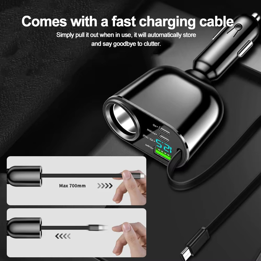 66 W Auto Ladegerät mit 5 Ports und PD 30 W USB-C Schnellladegerät für iPhone, Huawei, Samsung und Xiaomi in Schwarz - Bild 2