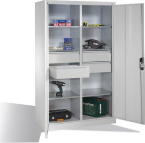 C+P Werkzeugschrank mit Drehtüren, 6 Böden und 4 Schüben, Farbe Lichtgrau, H: 195,0 cm, B: 120,0 cm, T: 50,0 cm - Bild 1