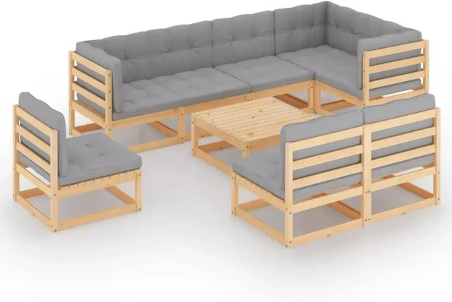 vidaXL 9-tlg Garten-Lounge-Set Modell 15 aus massivem Kiefernholz in Grau mit Kissen und Tisch - Bild 1