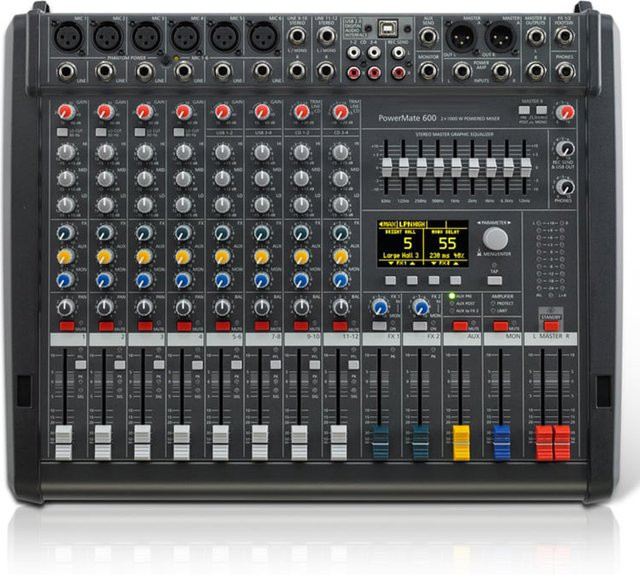 Powermate PM600-3 Powered Audio Mixer Console in Schwarz mit 6+2 Kanälen und integriertem 2x1000W 4Ω Verstärker für professionelle DJ-Bühnen und Live-Events - Bild 1