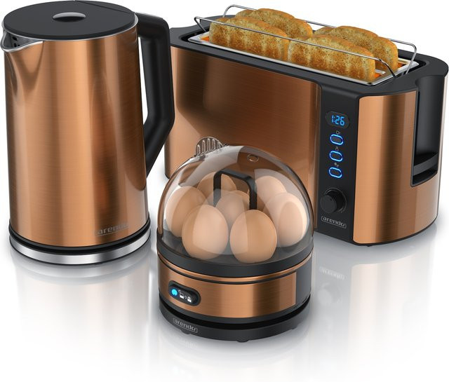 Arendo Frühstücks-Set aus Edelstahl in Kupfer und Silber bestehend aus Wasserkocher mit 1,5 l Fassungsvermögen, Toaster für 4 Scheiben mit LED-Display und Eierkocher - Bild 1