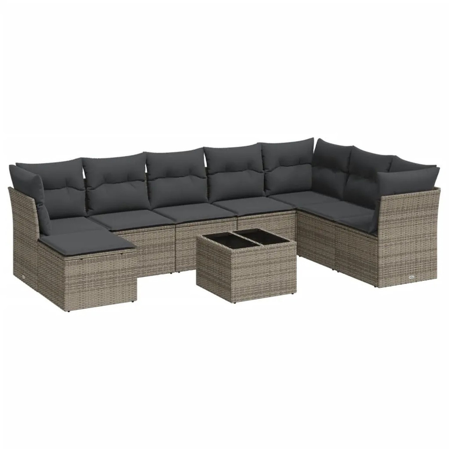 vidaXL 9-tlg Garten-Sofagarnitur in L-Form aus grauem Poly-Rattan mit UV-beständigen Kissen und Metallrahmen - Bild 2