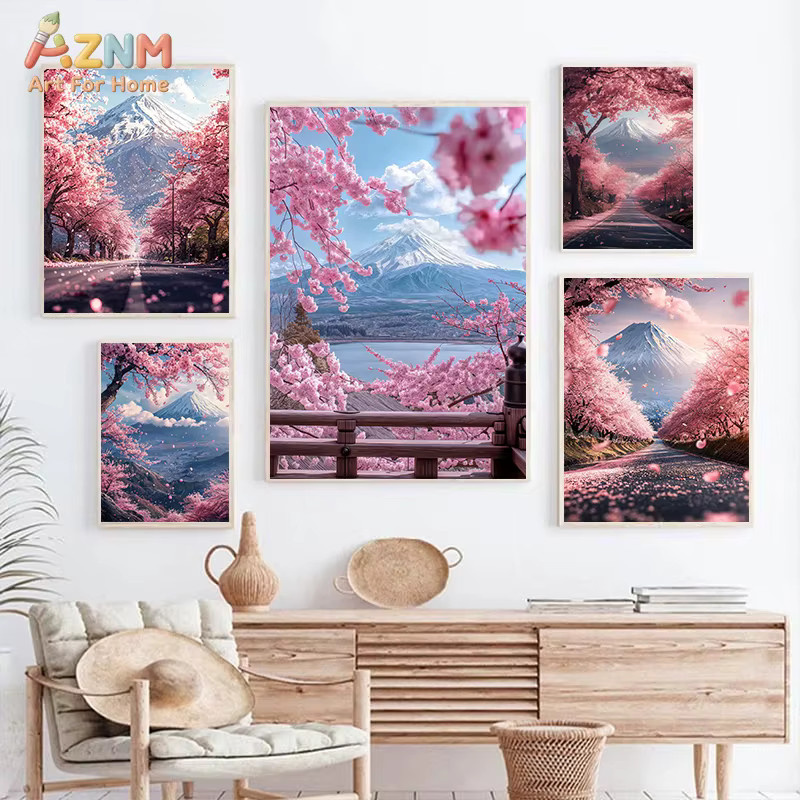 AZNM Mount Fuji Kirschblüten Japanische Landschaft Rahmenlose Leinwand-Wandkunst in Rosa und Mehrfarbig - Bild 2