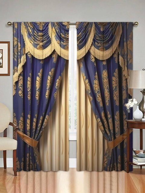 2-teiliges Set Yiran Furniture Vorhänge im Retro-Stil aus Polyester mit Grafik-Print in Blau, B: 70 cm, H: 185 cm - Bild 1