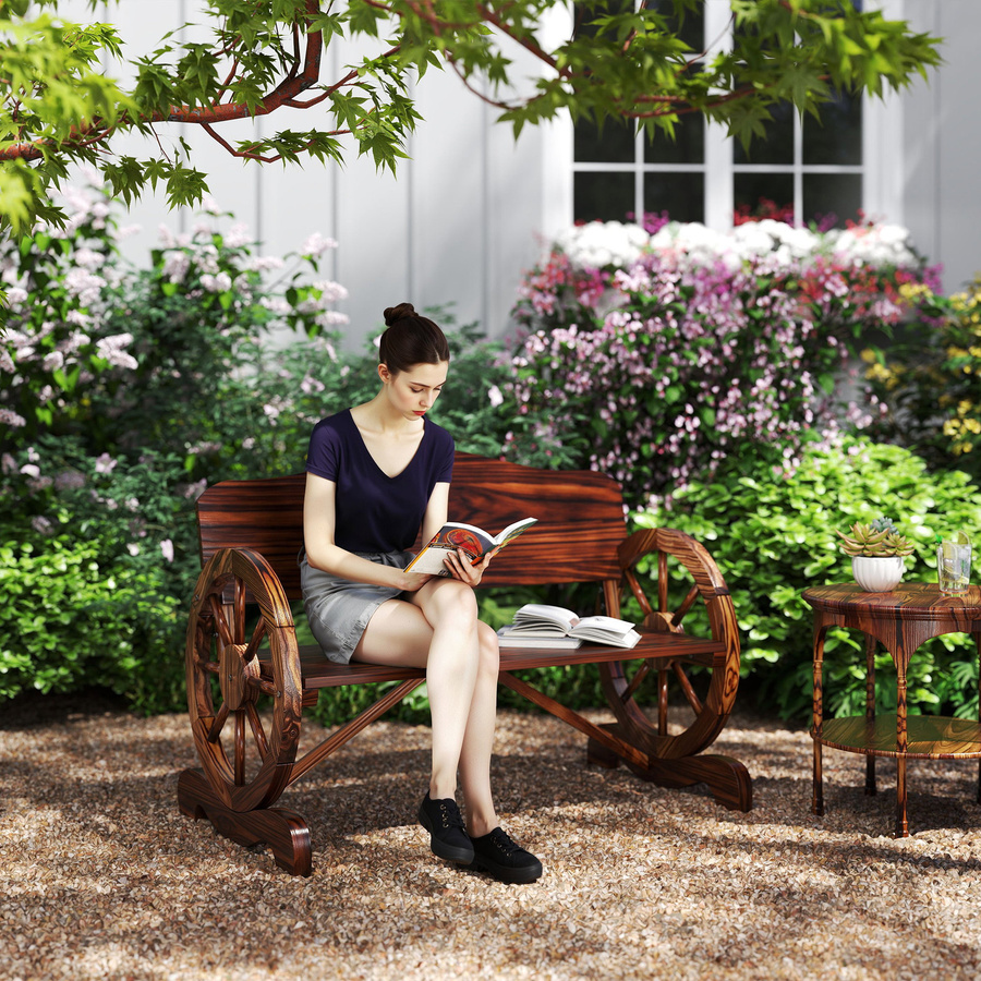 Outsunny Gartenbank aus Fichtenholz in braun verkohlt, rustikale 2-Sitzer Holzbank mit Rücken- und Armlehnen für Garten, Balkon und Terrasse, B/T/H: 110 x 55 x 80 cm - Bild 2