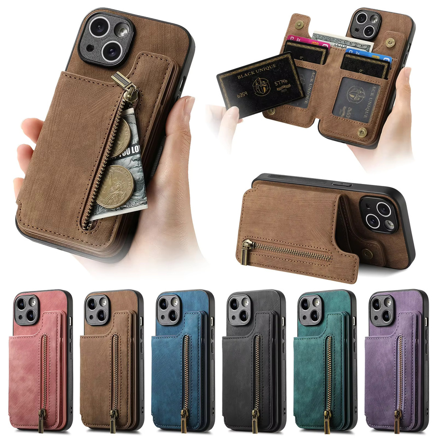 HQBBRO Leder-Geldbörse mit Reißverschluss und magnetischer Doppelschnalle für iPhone 16 Pro Max 17 Air 15 14 Plus 13 12 11 SE, Farbe: Schwarz - Bild 2