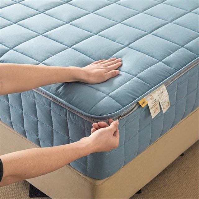 Flauschiger geschlossener Matratzenbezug mit Reißverschluss in Himmelblau, staubdichter Matratzenschoner aus Baumwolle, allergikerfreundlich, B/T/H: 90 x 200 x 20 cm - Bild 1