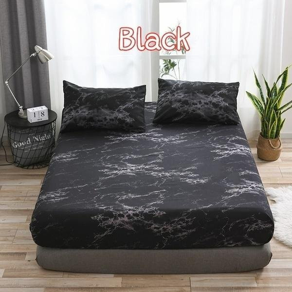 Elastisches Spannbettlaken aus gebürsteter Mikrofaser mit Marmorprint, Farbe Schwarz, B/T: 180 x 200 cm, Höhe: 35 cm - Bild 1