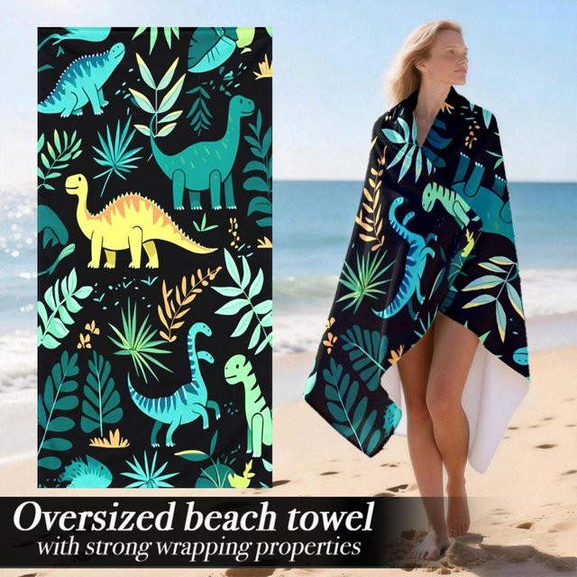 Dinosaurier Dschungel Übergroßes Strandtuch mit lustigem prähistorischem Design, Breite: 30 cm, Höhe: 60 cm - Bild 1