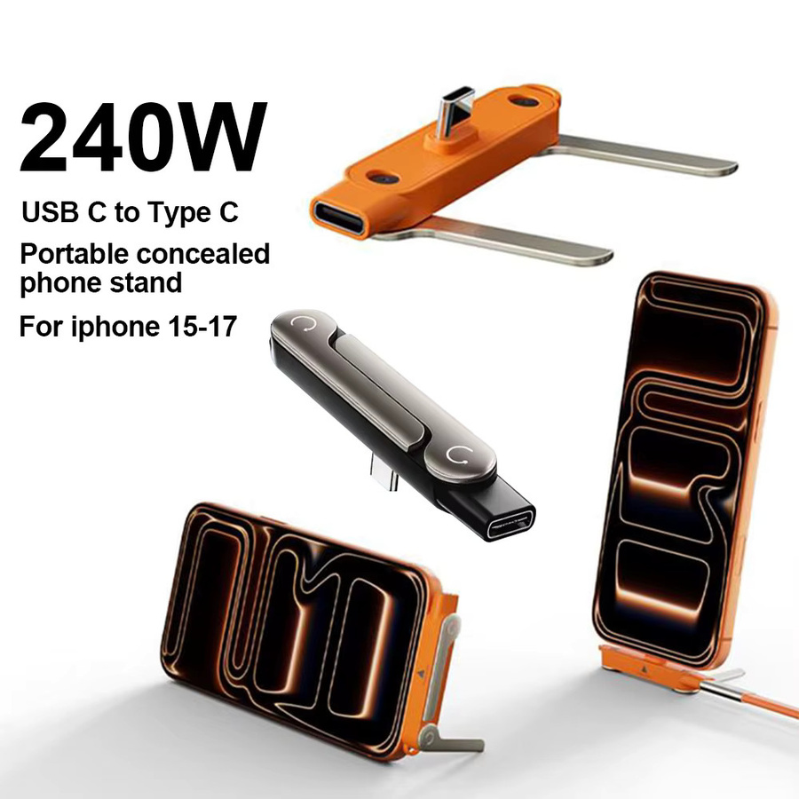 240W Typ-C zu Typ-C Schnellladekabel aus Flüssigsilikon mit faltbarem Telefonständer und OTG-Adapter in Orange - Bild 1